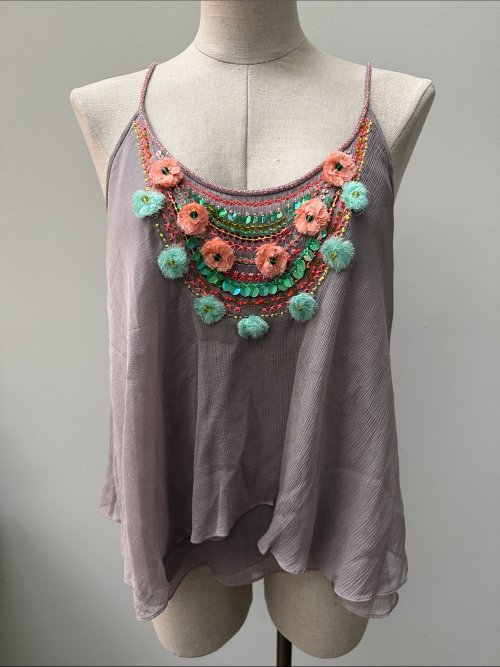 Rebecca Taylor Dusty Mauve Lilac Lavender Embellished Pom-Pom Silk Camisole